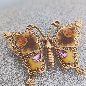 Vintage Elegant Golden Enamel Butterfly Brooch with Pink Jeweled Accents